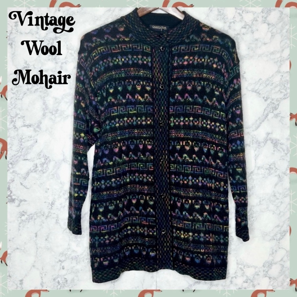 Country Shop 80s Mohair Wool Cardigan Intarsia Knit Made in Italy Unisex Small